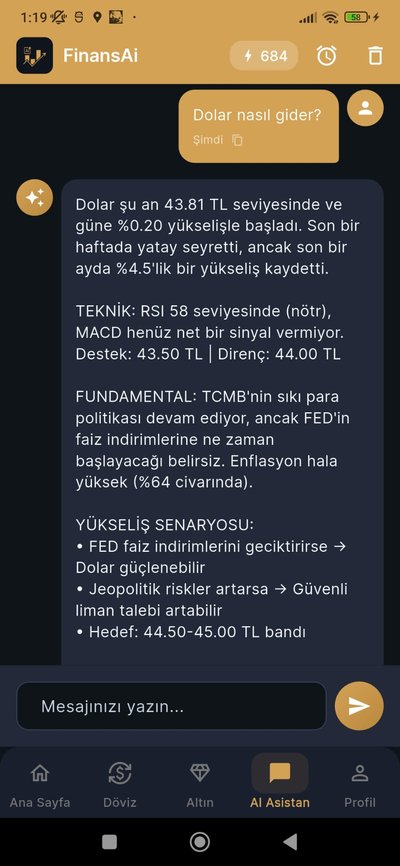 Finans AI Yapay Zeka Asistan - Dolar analizi ve fiyat tahminleri sohbet ekrani